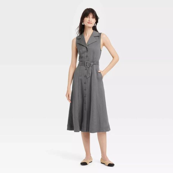 Tie Waist Midi Grey Shirt Dress Classy Size XXL 2XL Belted Button Front Career - Picture 1 of 11